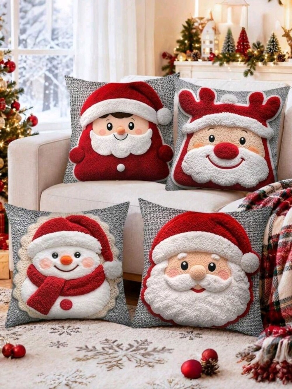 Festive Red Santa & Snowman Holiday Throw Pillow Covers - Pack of 4